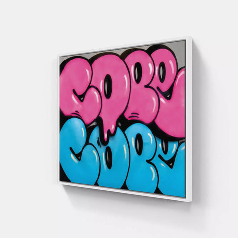 A painting of pink and blue hearts on a white wall