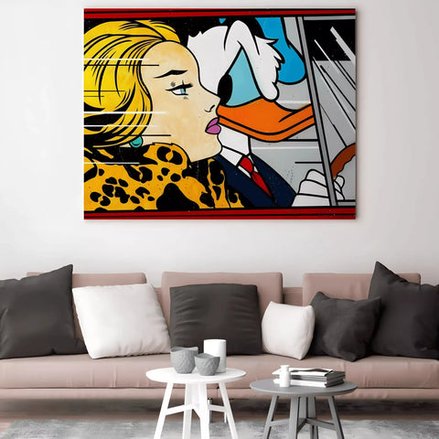 A painting of a woman kissing a man