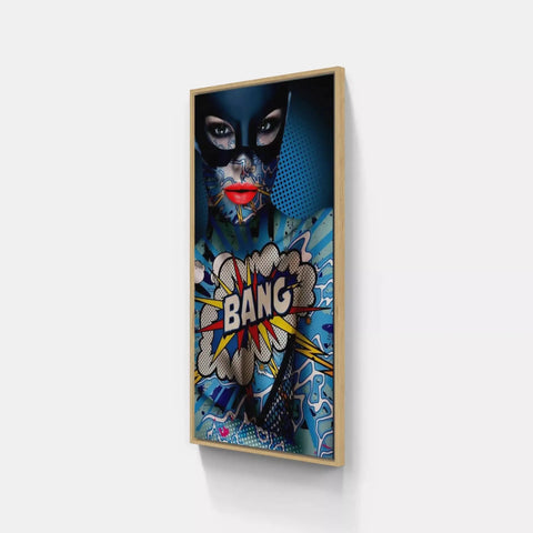 A framed print of a superhero with a comic mask on it