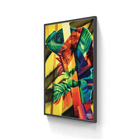 Framed abstract painting with vibrant tropical colors and leaf-like shapes.