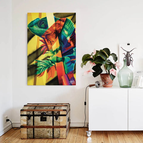 Vibrant abstract painting featuring bold geometric shapes and tropical colors.