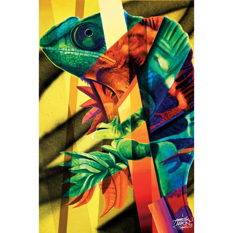 Vibrant, abstract chameleon composed of colorful geometric shapes and patterns.