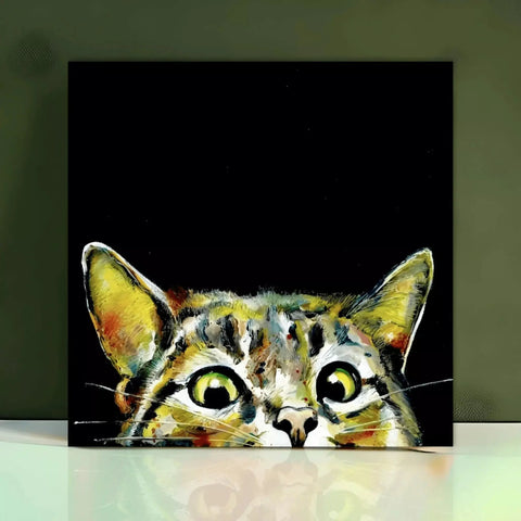 A painting of a cat with green eyes