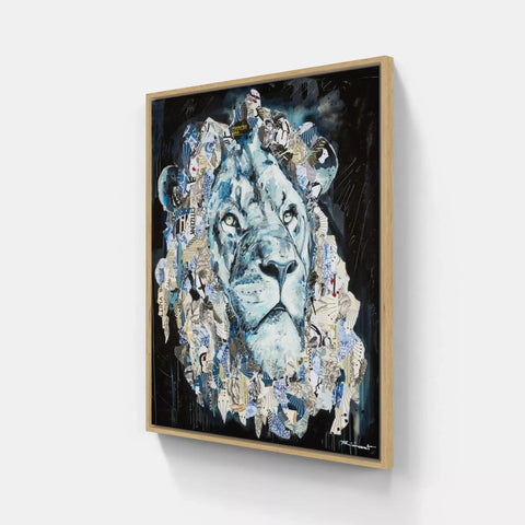 A painting of a lion with many different animals