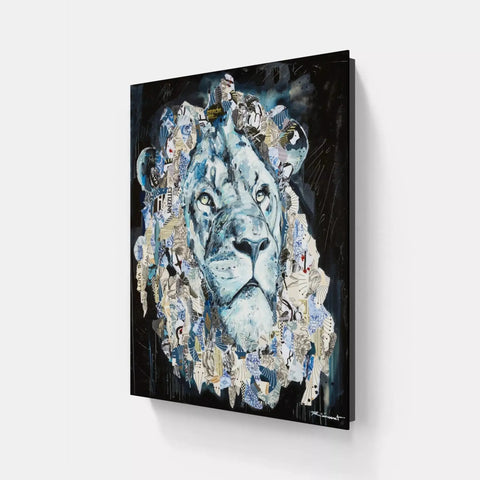 A painting of a lion with a black background