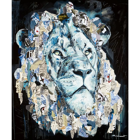 A painting of a lion surrounded by many different types of animals