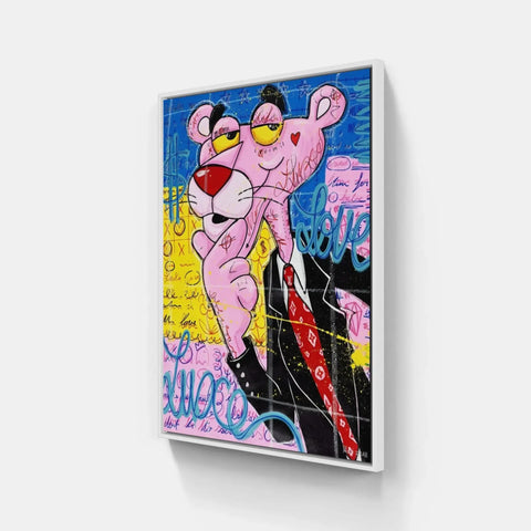 A painting of a pink pig with a black suit and sunglasses