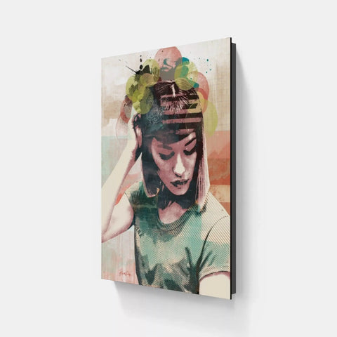 A woman with a head full of hair and a green shirt, with a colorful background canvas wall art print