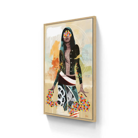 A framed print of a woman with a guitar