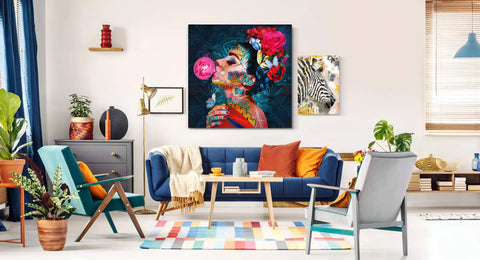 Colorful and eclectic living room with vibrant artwork and diverse furniture pieces.