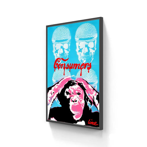 Pop art style wall piece featuring two blue skulls wearing microphones above a pink and black chimpanzee portrait with ’Consumers’ text.