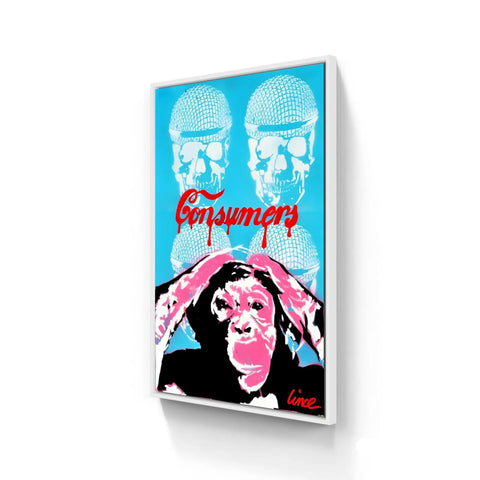 Pop art style canvas print featuring two blue skulls wearing beanie hats above a pink and black chimpanzee with the word ’Consumers’ in red text.