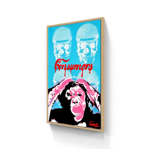 Pop art style wall piece featuring two blue skulls wearing microphones above a pink and black chimpanzee with text reading ’Consumers’