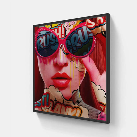 A framed canvas with a woman wearing sunglasses