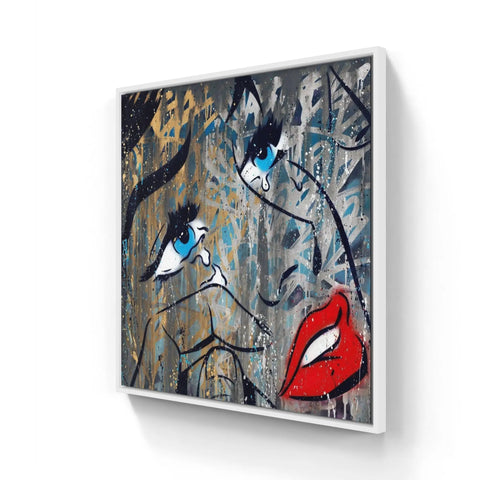 Abstract painting featuring stylized facial features with bright blue eyes and red lips on a textured, graffiti-like background.