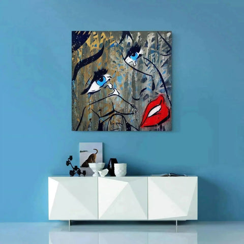 Abstract painting featuring stylized eyes and red lips on a textured background.