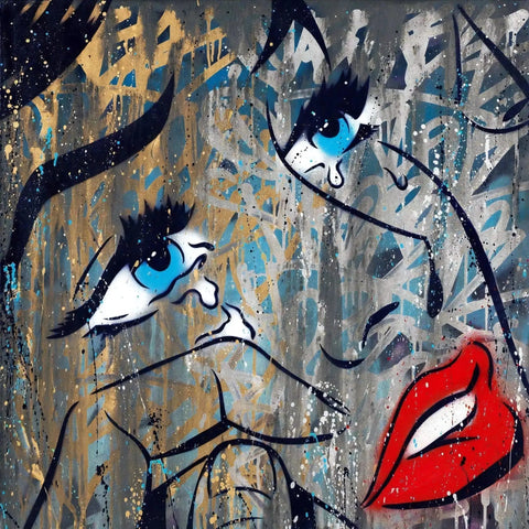 A painting of a woman’s face with blue eyes and red lips