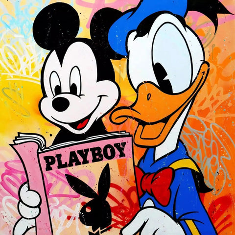 Mickey and donald are kissing in front of a colorful background