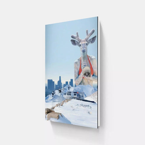 A painting of a reindeer in the snow