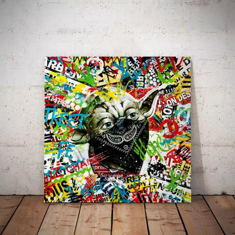 A painting of a cat with graffiti on it