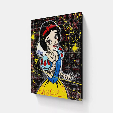 A close up of a painting of a snow white with a knife