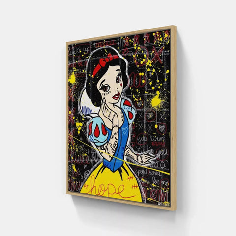 A close up of a painting of a snow white with a red bow