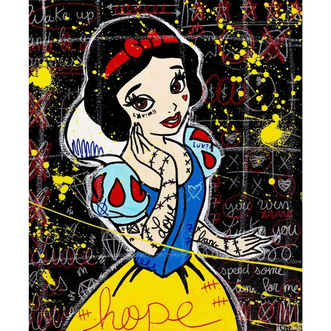 A painting of a snow white with a red bow on her head