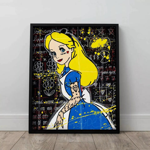 A painting of a girl with a blue dress and yellow hair