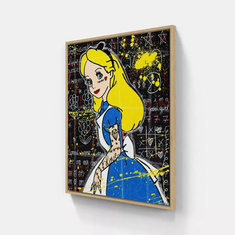 A painting of a girl with a blue dress and yellow hair