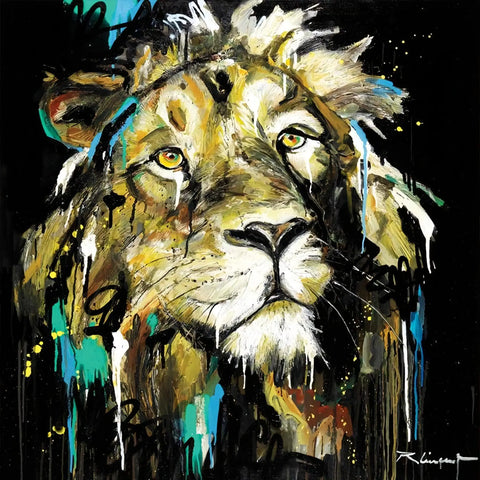 A painting of a lion with a black background