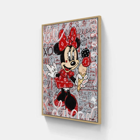 A painting of minnie mouse with graffiti on the wall