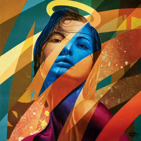 Colorful, abstract portrait with geometric shapes overlaying a face.