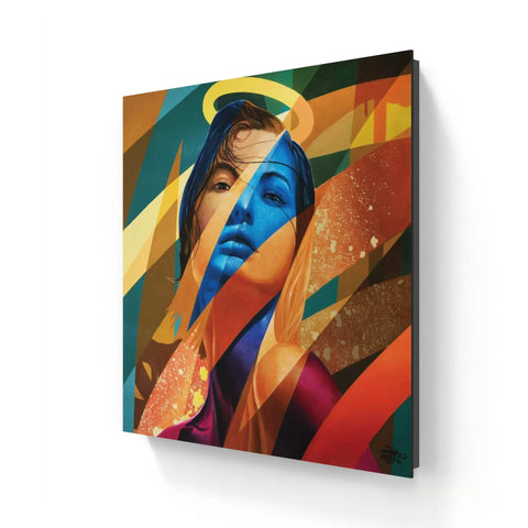 Colorful abstract portrait painting featuring a face with vibrant blue skin tones and geometric shapes.