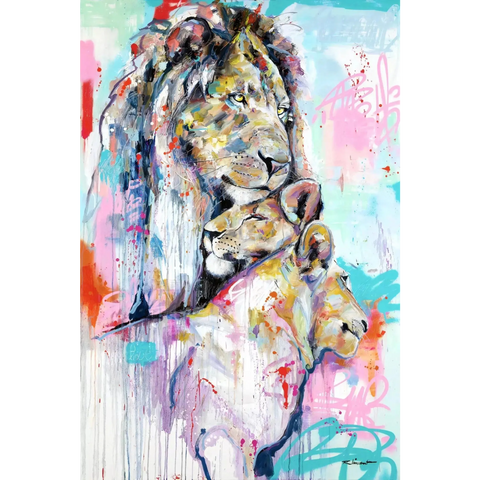 A painting of a lion with colorful paint strokes