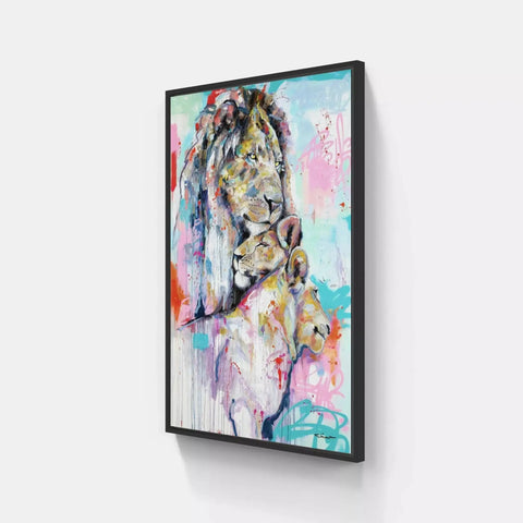 A painting of a lion with colorful paint strokes