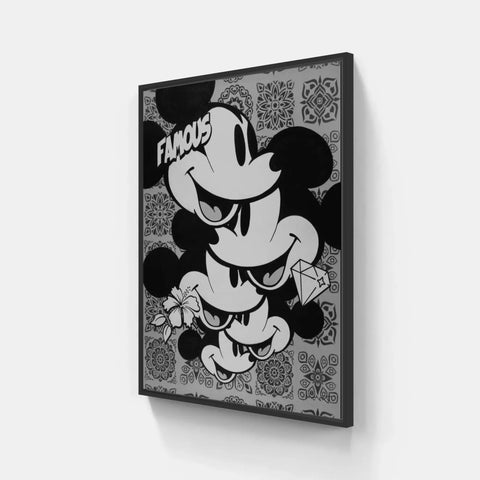 A black and white mickey mouse canvas print on a wall