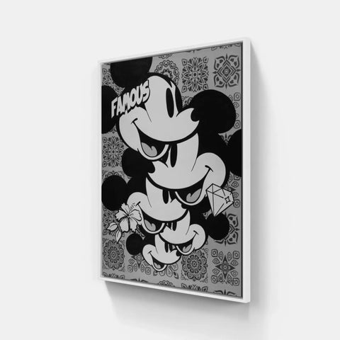 Mickey mouse cartoon on a black and white background with a bandanna