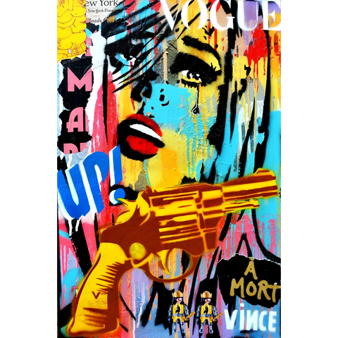 Yellow handgun rendered in a vibrant street art style against colorful graffiti elements.