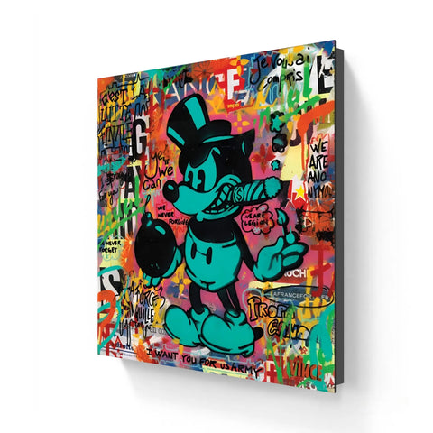 Graffiti-style Mickey Mouse artwork with vibrant colors and street art text elements.