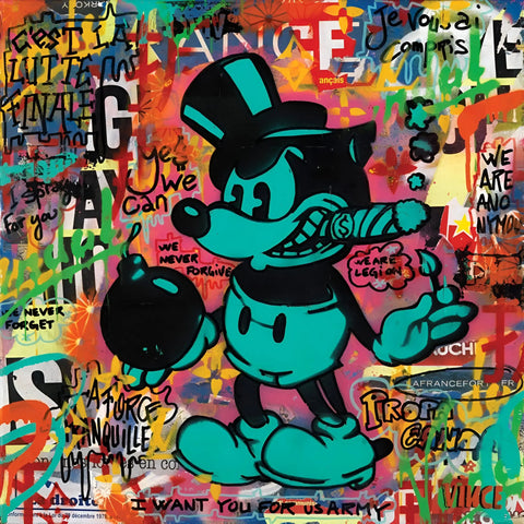 Turquoise cartoon character wearing a top hat against vibrant graffiti-style artwork.