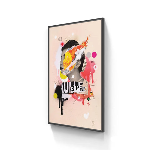 Framed abstract artwork featuring colorful shapes, splatters, and text elements on a light background.