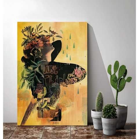 Artistic canvas print featuring a silhouette filled with floral and botanical elements against a yellow background.