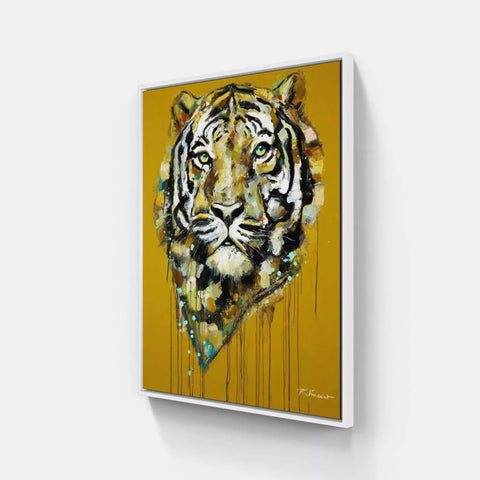 A painting of a tiger on a yellow background