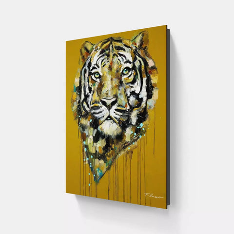 A painting of a tiger on a yellow background