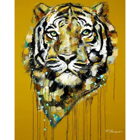 A painting of a tiger with a yellow background