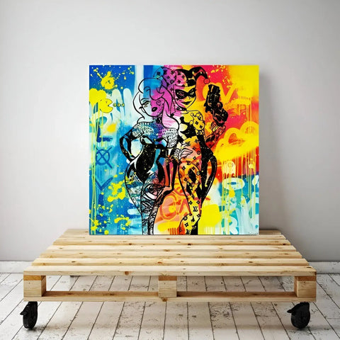 A painting on a wooden table in a room