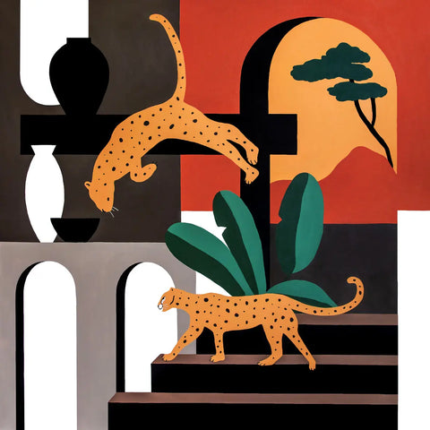 A painting of a leopard and a plant