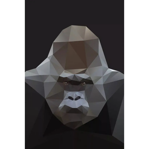 A close up of a gorilla’s face with a low polygonal background