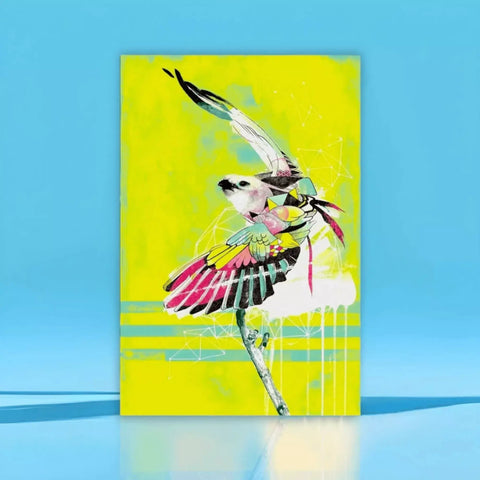 A painting of a bird on a yellow background