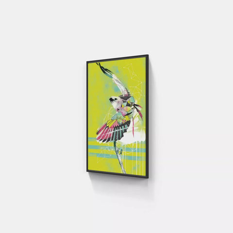 A framed print of a bird on a green background